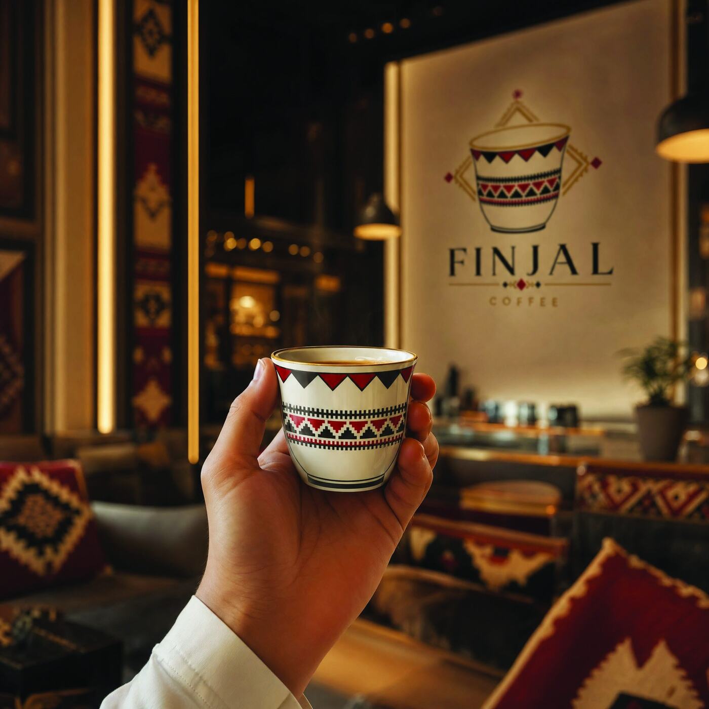 فنجان يحمل نقوش السدو السعودي